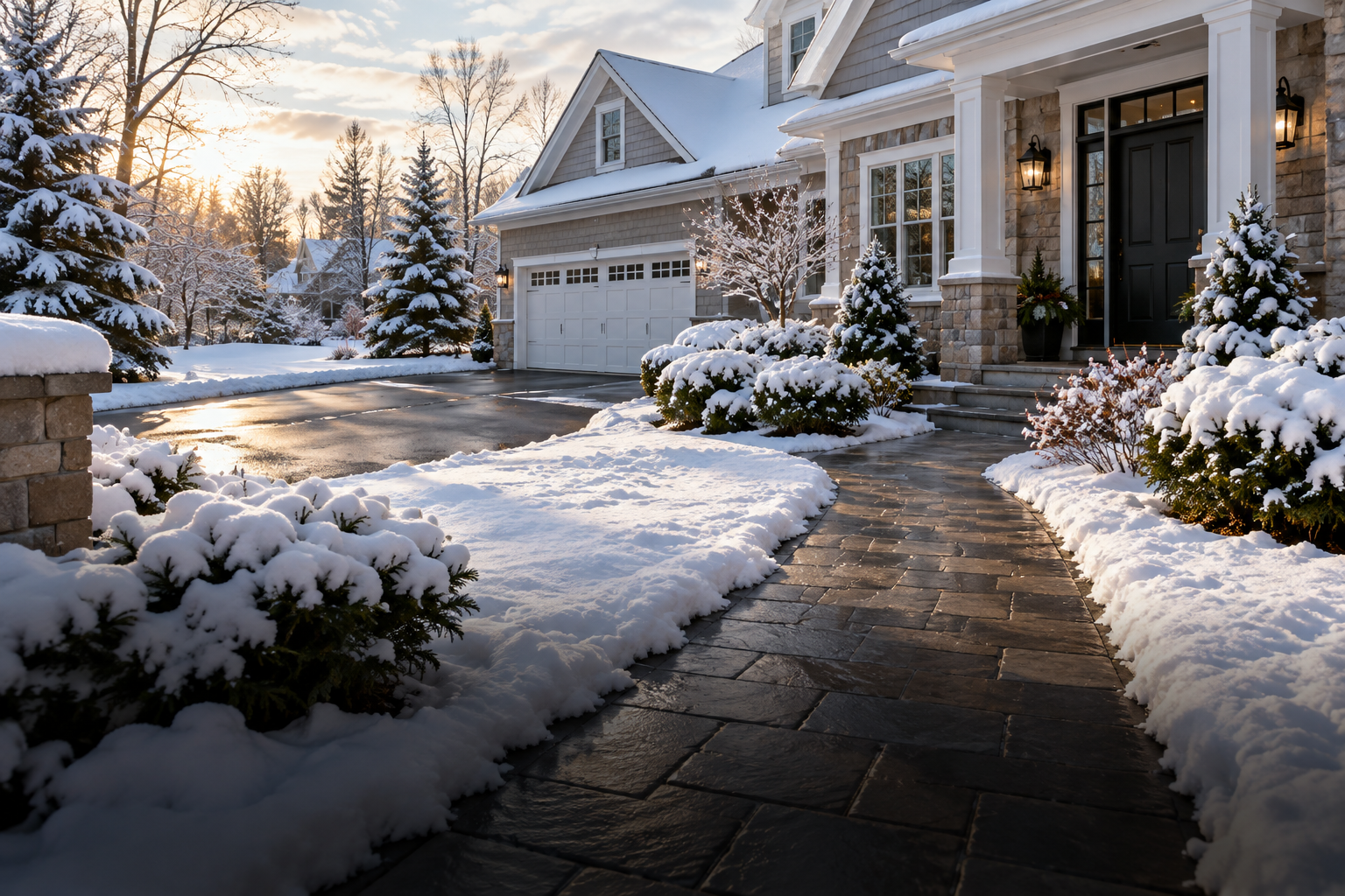 Snow-covered residential driveway