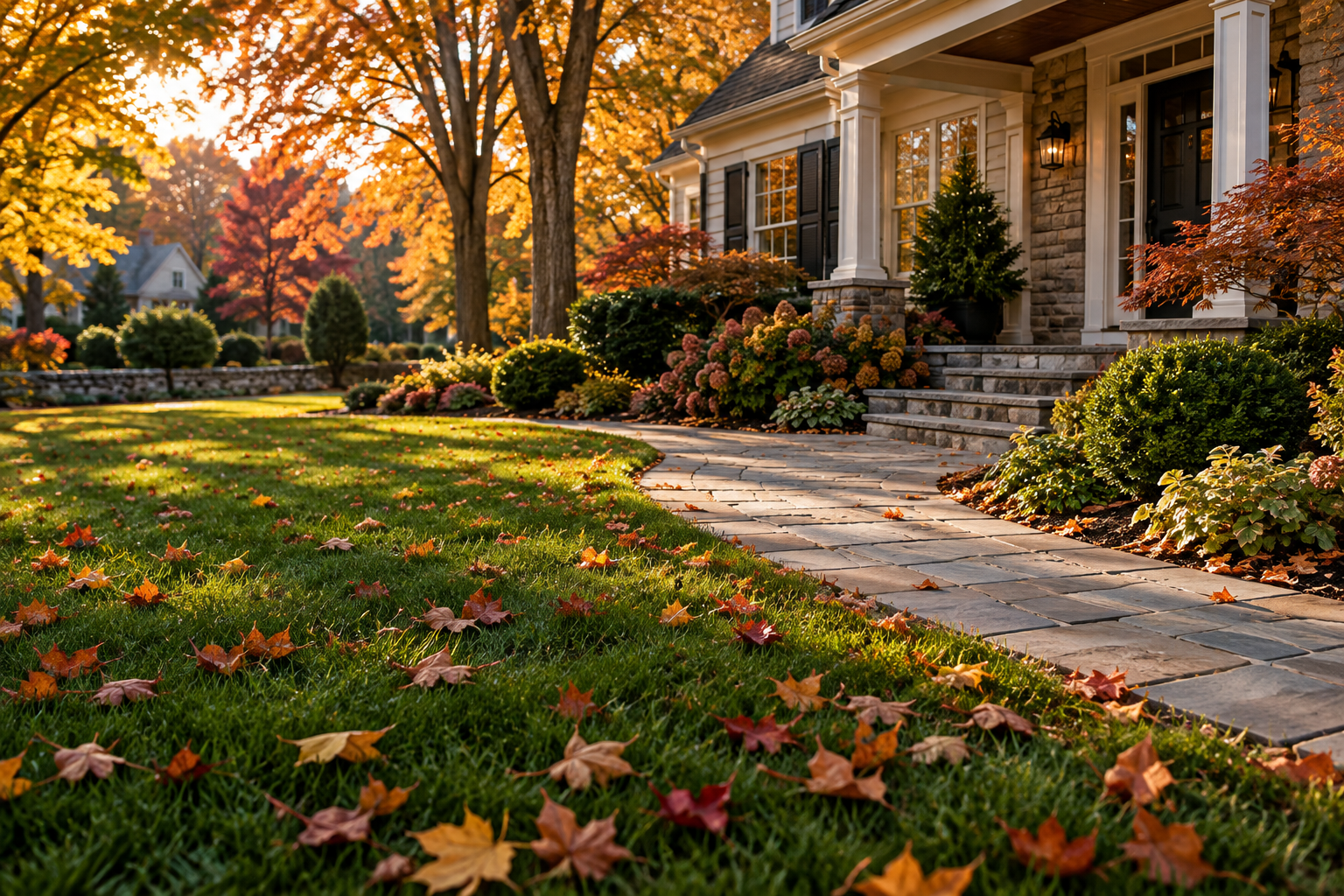 Autumn leaves on a residential lawn